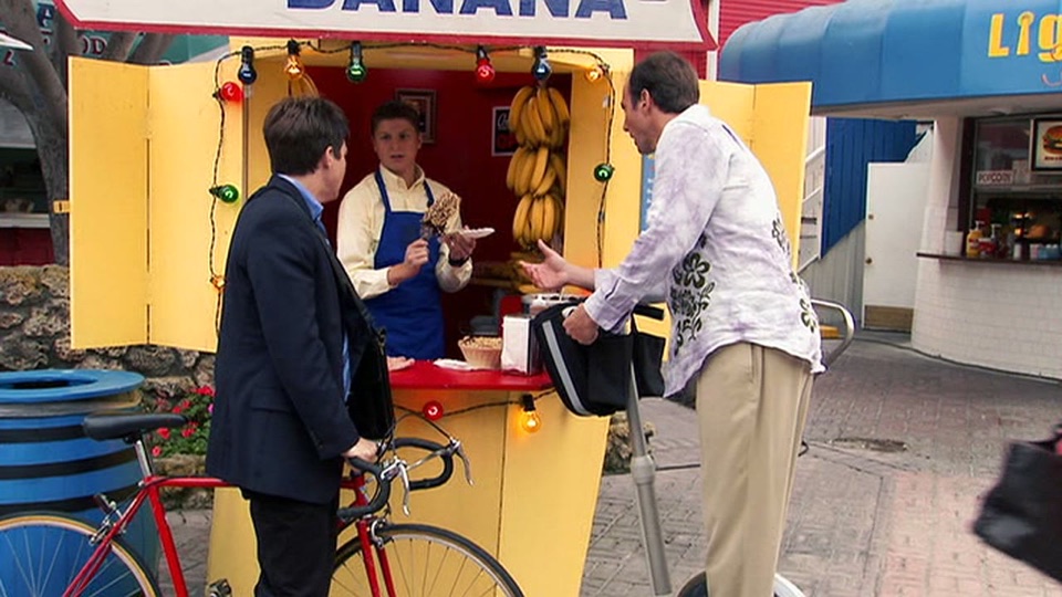 Michael, George Michael and Gob at the frozen banana stand